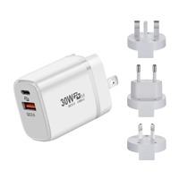 Chargeur PD pliable 30W, adaptateur PD GaN 30W, chargeur PD à embouts interchangeables 20W, ports USB-C/USB-A pour les normes européennes et australiennes