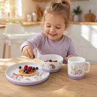 Service de table en porcelaine pour enfant avec base antidérapante en silicone, assiette + bol + tasse en céramique sans BPA pour tout-petit, lavande, 100 % alimentaire