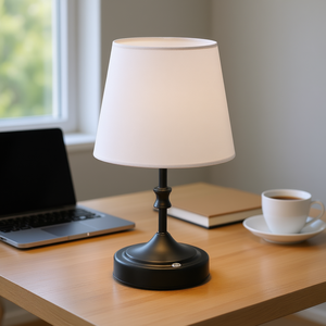 Lampe de table rechargeable moderne avec abat-jour en tissu, petite lampe de bureau noire LED E27, commande par bouton-poussoir, lumière du jour 6000K - Product Image 2