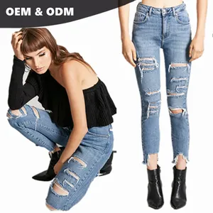 OEM name brand wholesale China manufacturer Distressed women Sharkbite Skinny Jeans 018