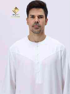 Al-Haramain <b>Men's</b> White Cotton <b>Thobe</b> Round Neck Long Sleeve Floor Length Prayer Robe Modest Solid Design Breathable Regular Fit - Product Image 5