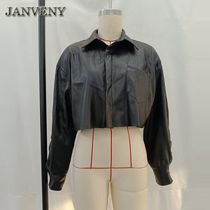 JANVENY 2024 primavera autunno <span class=keywords><strong>camicia</strong></span> ampia <span class=keywords><strong>giacca</strong></span> di pelle donna manica lunga tasca anteriore Versatile camicetta corta in <span class=keywords><strong>ecopelle</strong></span> cappotto - Product Image 6