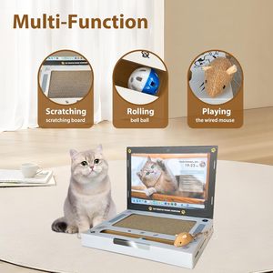 Grattoir pour chat en forme d'ordinateur portable avec jouets interactifs en forme de 'souris' duveteuse, planche à gratter pour animaux de compagnie - Product Image 2