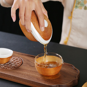 White Porcelain Bamboo Woven Tea <b>Set</b> With Lid Portable Travel Tea <b>Cup</b> <b>Set</b> For 4 Traditional Chinese Style Gift Box Included - Product Image 5
