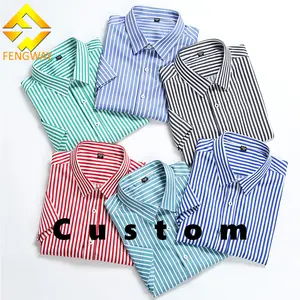 Fengway camisa listrada masculina, elástica, manga curta, moda de negócios, casual