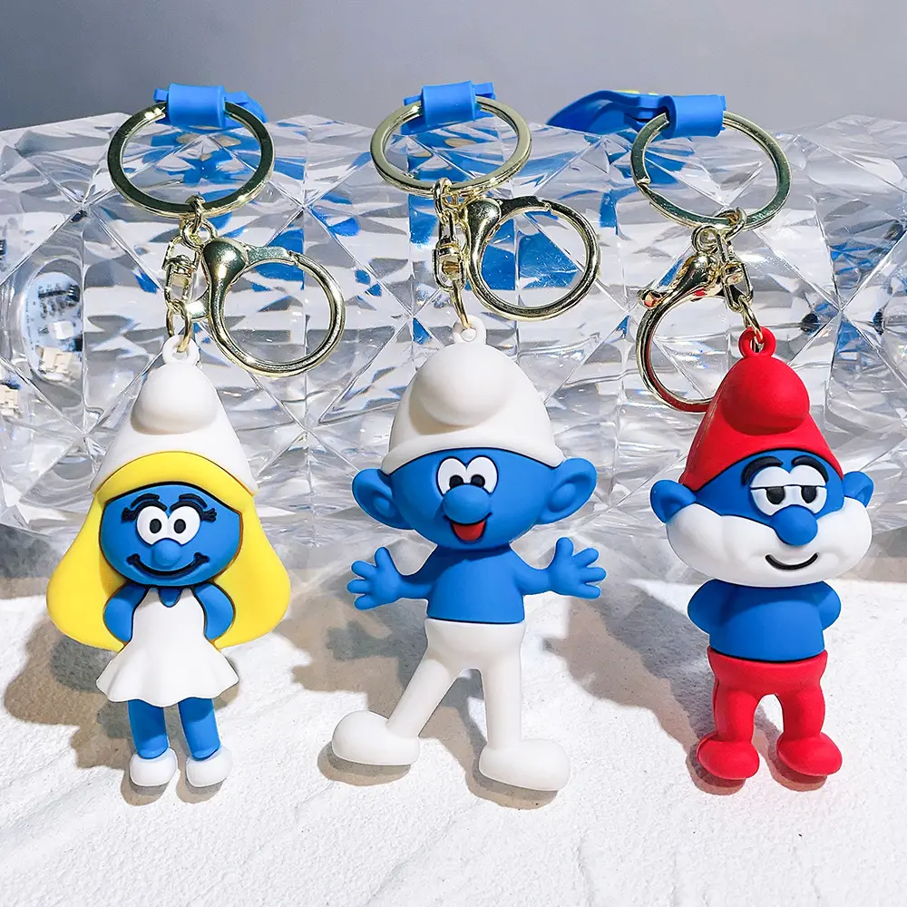 Bán Hot 3D Silicone phim hoạt hình anime Kawaii smurfed Keychain tùy chỉnh phim hoạt hình 3D PVC Kawaii smurfed Móc chìa khóa