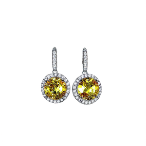 Orecchini Pendenti Classici con Zircone Giallo, Placcati in Rodio, Gioielli da Festa per Donne, Taglio Brillante Rotondo con Incastonatura Circolare - Product Image 1