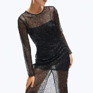 可定制黑色蕾丝修身名人连衣裙女性植绒圆点设计性感连衣裙