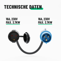 Adaptateur de prise CEE 16A 250V pour camping vers prise Schuko avec câble en caoutchouc H07RN-F 3G 2,5 mm de 1,5 m, rallonge IP44