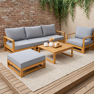 EDEN Ensemble de canapés de jardin contemporains en bois d'acacia, 6 pièces, écologiques, avec coussins imperméables, pliables, pour terrasses et hôtels - Product Image 1