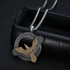 Collier pendentif en acier inoxydable bicolore Odin Raven, style nordique Viking, bijoux du zodiaque animal pour hommes, cadeau - Product Image 3
