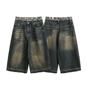 Pantalones Cortos de Mezclilla para Hombre, Estilo Vintage, Desgastados, con Parches, de Pierna Ancha, con Borlas, Tipo Bermuda - Product Image 5