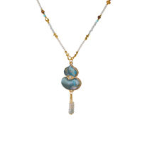 Collier Pendentif Gourde TANGPEI avec Perle d'Imitation Bleue et Pompon en Alliage, Bijou Tendance