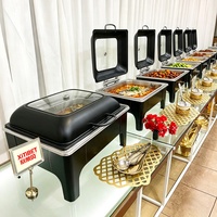 Luxuriöser schwarzer Edelstahl-Chafing Dish 6L mit quadratischem Glasdeckel – Moderner Buffet-Speisenwärmer für Hotel- und Restaurantbedarf