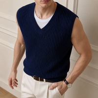 Gilet pull sans manches en tricot côtelé bleu marine pour homme, col en V, décontracté, automne, vente en gros, usine OEM ODM personnalisée