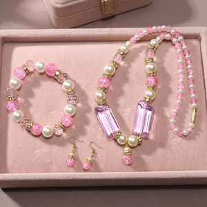 Conjunto de Collar, Pulsera y Pendientes con Cuentas de Perlas y Cristales Tallados en Forma de Gema Rosa, Forma Rectangular, Decoración para Bodas, Regalo con Temática de Amor - Product Image 2