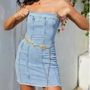 Vestidos de Mezclilla de Alta Calidad para Mujer, Cuello Sexy sin Tirantes, Mini Vestido Ajustado de Verano - Product Image 4