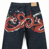 Jean en denim à jambe large, style vintage tricoté, broderie florale chinoise dragon Y2K, haute qualité, mode décontractée, vente en gros fabricant