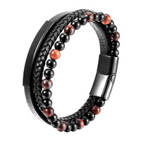 Pulsera de Cuero con Piedra Volcánica Natural para Hombre, Brazalete de Cuero Trenzado Multicapa Rojo y Amarillo, Joyería Masculina Magnética de Acero Inoxidable