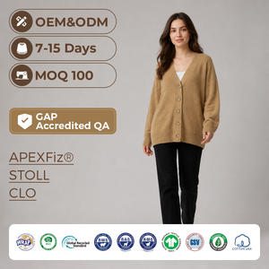 <span class=keywords><strong>Cardigan</strong></span> da Donna Personalizzato in Maglia Oversize Color <span class=keywords><strong>Cammello</strong></span> con Scollo a V e Bottoni Frontali, Orlo a Costine - Product Image 1