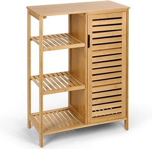 Bamboo Bathroom Storage Cabinet 3 Tier Shelves with Door Free Standing Storage Cabinet Furniture Kitchen Rack