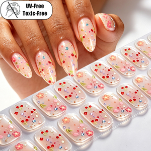 Custom Translucent Sheer Pink Colorful Floral Daisy Crystal Rhinestone Glossy Non-toxic Bridal Wedding UV Free Gel Nail Wraps - Product Image 1
