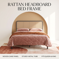 Base de Cama Moderna con Plataforma Metálica y Cabecera de Ratán, Sin Necesidad de Somier, Varios Tamaños, Muebles para Dormitorio