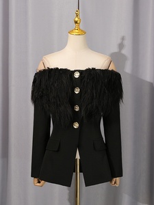 <span class=keywords><strong>Blazer</strong></span> noir pour femme A11226, épaules dénudées, avec garniture en plumes, grands boutons décoratifs, veste de soirée formelle - Product Image 3