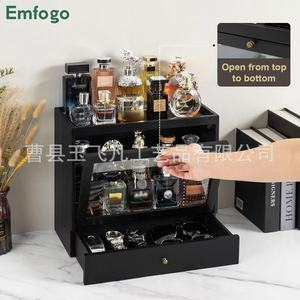 Solid Wood Perfume Storage Box <b>Rectangle</b> Desktop Double Layer Organizer For Home Use With Glass Door And Drawer - Product Image 4