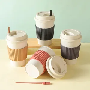 ถ้วยดื่มสําหรับเดินทางปลอดสาร BPA พร้อมฝาปิดป้องกันการรั่วถ้วยกาแฟ 350 มล. แก้วกาแฟฟางข้าวสาลี