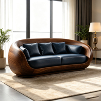 Canapé trois places en cuir bleu foncé, structure en fibre de verre, placage bois, coque enveloppante arrondie, design artistique de luxe pour salon