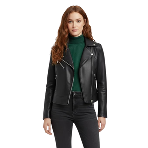 Veste de motard en simili cuir pour femme, style moto, fermeture éclair, vêtements d'extérieur avec poches, coupe ajustée, veste de moto tendance - Product Image 1
