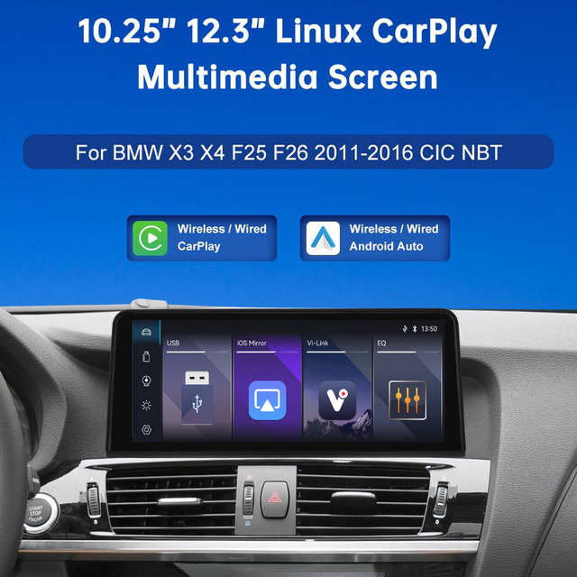 10.25" 12.3'' Wireless CarPlay Android Auto Touchscreen Media Player for BMW X3 F25/X4 F26 2011-2016 2-Year Dashboard Mount