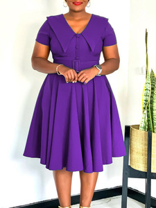 Nouvelle robe midi élégante en polyester à col en V, couleur unie, vêtements de travail pour femmes, manches courtes, robe de bureau élégante, décontractée d'été - Product Image 4