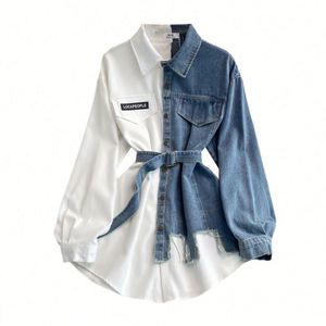 Vestido Camisero Vintage Casual de Mezclilla Tejida con Solapas y Empalmes, Estilo Coreano, Asimétrico, Holgado, Top Largo para Mujer, Diseño Frontal, Primavera, 2 Piezas - Product Image 2