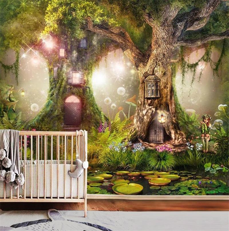 3D fantasi kartun hutan peri kain dinding taman anak-anak Dekorasi Rumah jamur Wallpaper Hotel kamar tidur Mural