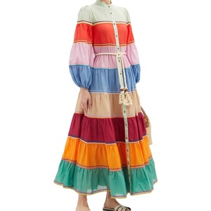 Abito lungo a strisce colorate con cintura in corda e bottoni frontali, casual da donna, a maniche lunghe - Product Image 1