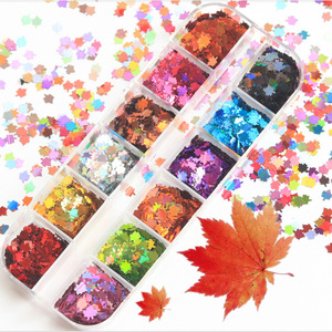 Automne jaune 3D <span class=keywords><strong>flocons</strong></span> ultra-minces 12 grilles miroir feuille d'érable ongles paillettes holographique papillon dégradé plastique vernis - Product Image 1