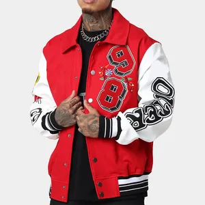 High Quality Red Turn-down Collar Letterman Jackets Custom Embroidered 100% wool Leather Sleeves Men's Varsity Jackets