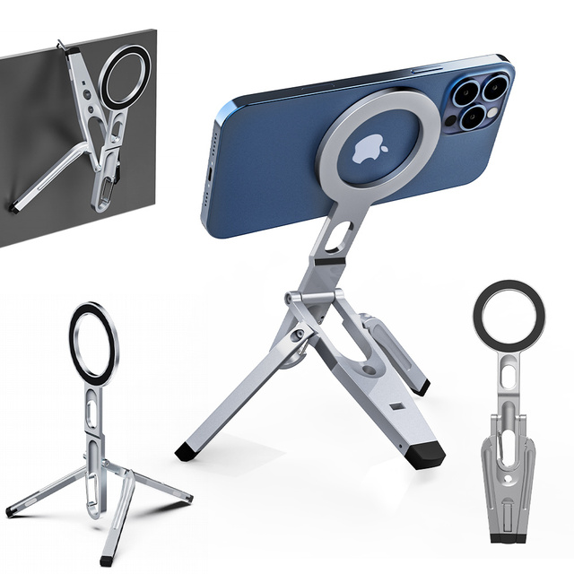Foldable Magnetic Phone Holder Aluminum Alloy Tripod with Hook Suitable for Mountaineering, Outdoor Selfies, and Other Scenarios