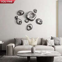 YOUFINE Grande sculpture murale en acier inoxydable poli effet vague d'eau, miroir rond, pour la décoration murale des halls d'hôtels de luxe