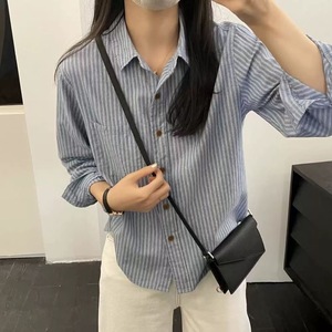 Striped Shirt Women Long Sleeve Poplin Casual Retro Top Blue And Off White Stripes Everyday Wear - Product Image 3