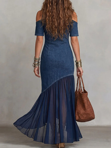 Denim <strong>Maxi</strong> <strong>Dress</strong> Women <strong>Cold</strong> <strong>Shoulder</strong> Short Sleeve Chiffon Patchwork Bodycon Mermaid <strong>Dress</strong> - Product Image 3