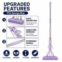 Serpillère en éponge PVA à essorage mains libres, sans contact avec l'eau, manche extensible réglable de 110 à 135 cm, absorption rapide, légère