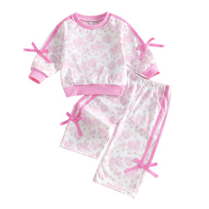 Conjunto de 2 piezas para <span class=keywords><strong>niña</strong></span> pequeña (6M-4T) al por mayor: Sudadera con estampado floral rosa y morado, lazo lateral y pantalón de pierna ancha - Product Image 2