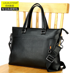 Laulalstern Men's Genuine Leather <b>Briefcase</b> 14 Inch Large Capacity Business Travel Handbag Solid Color Black - Product Image 2