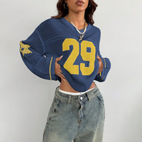 Camiseta de Punto Personalizada para Mujer, Camiseta de Ganchillo, Camiseta de Manga Larga con Malla Hueca, Camiseta Holgada con Número Estampado