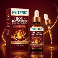 PEITEBIO Gouttes de fer et complexe B saveur poulet pour l'énergie, la nutrition et la vitalité quotidienne, supplément liquide 2 FL OZ 60 mL avec compte-gouttes