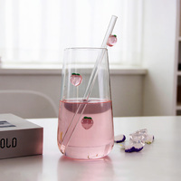 Ensemble de verres soufflés à la main en verre borosilicate avec motifs 3D de pêches intégrées, formes droite et goutte d'eau, décorations fruitées mignonnes, pour boisson