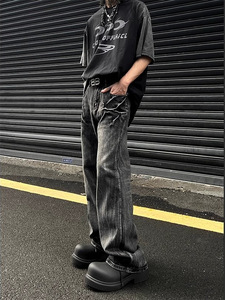 Hight Street Lightning Crack Denim Jeans Pantalones Sueltos Pierna Ancha Recta Vintage Jeans Sueltos Hombres - Product Image 4